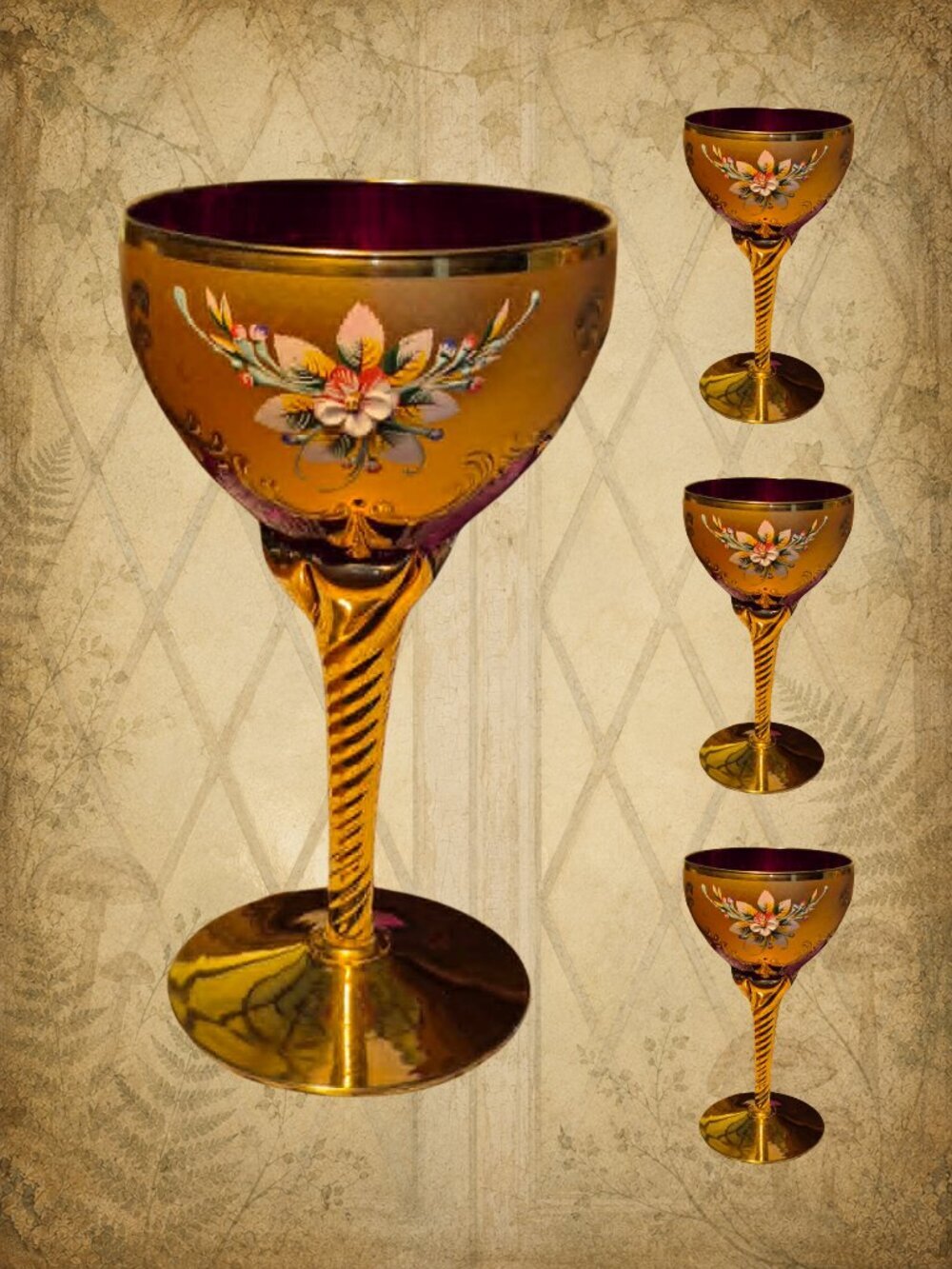 Fairy Tale 👑🧚‍♀ Vintage Red & Gold Hand-Painted Glasses 4 oz - Bohemian Glass